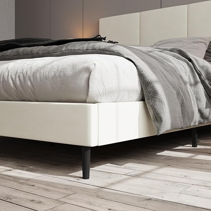 King Bed Frame with Headboard, Vertical Channel Tufted Heavy Duty King Size Bed Frame, No Box Spring Needed, Easy Assembly, Platform Bed Frame with Headboard, Beige