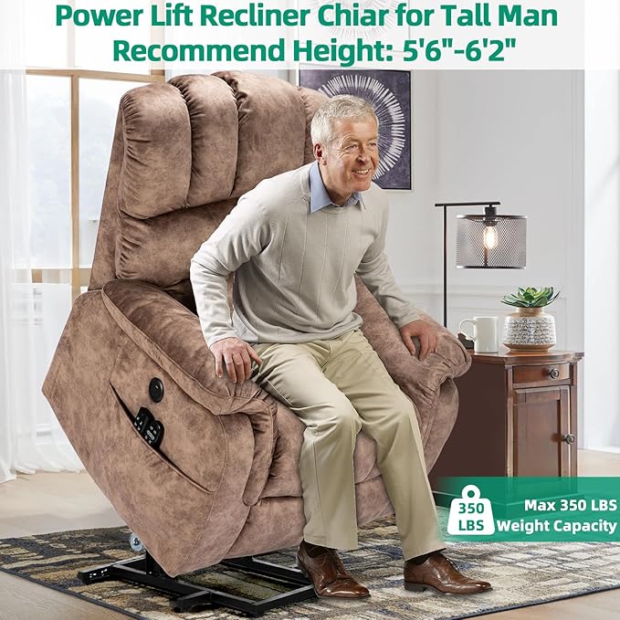VIVIJASON Tall Man Large Dual Motor Power Lift Recliner Chair with Extended Footrest, Overstuffed Lay Flat Sleeper Electric Recliner W/Heat & Massage, Lumbar Pillow, USB & Type-C Ports, Plush Brown