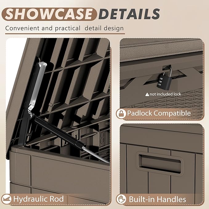 Devoko 100 Gallon Deck Box, Waterproof Resin Outdoor Storage Box with Cushion for Outside, Large Outdoor Storage Bench Cabinet Lockable for Patio Furniture and Garden Tools (Brown)