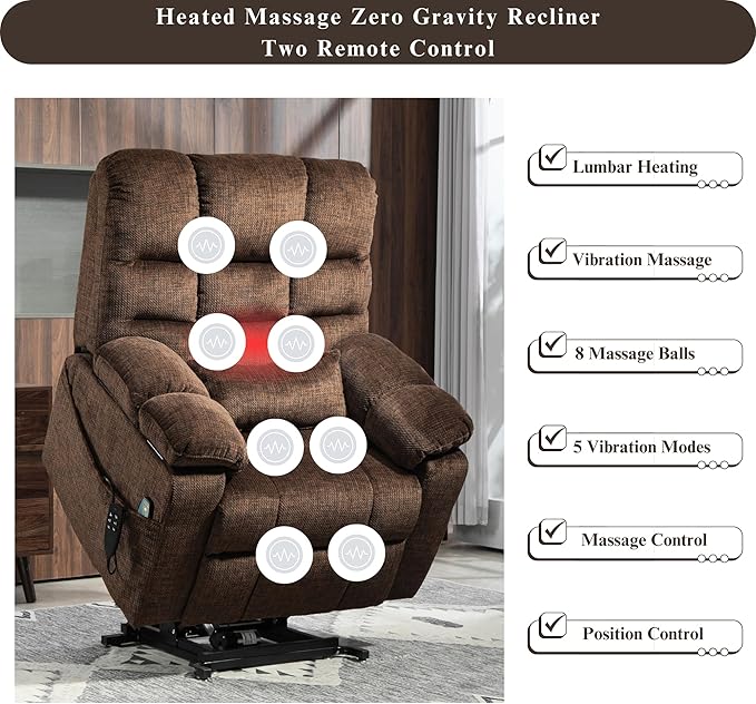 3-Motor Lift Chair with Adjustable Seat Height Zero Gravity Lay Flat Recliner with Heat Massage - Flip Arm Storage Cup Holders - Power Lift Recliner for Elderly – Big Tall 400 lbs (Dark Brown)