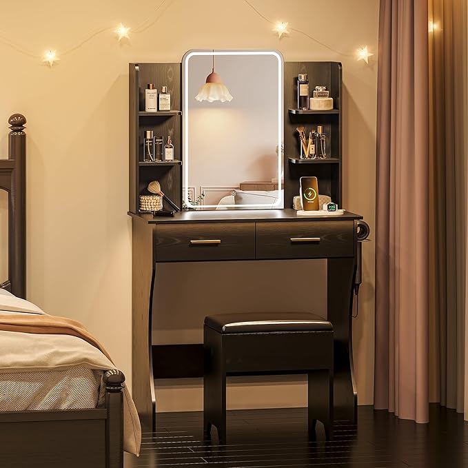 Makeup Vanity Desk with Mirror and Lights, Black Vanity with Power Outlet and LED Lights, Vanity Table with 2 Drawers and 6 Storage Shelves, Vanity Set with Chair for Bedroom