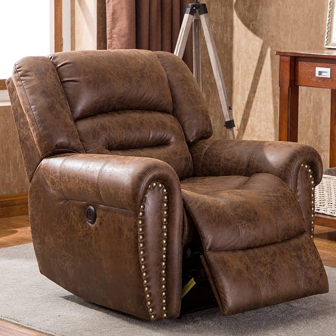ANJ Electric Recliner Chair W/Breathable Bonded Leather, Classic Single Sofa Home Theater Recliner Seating W/USB Port (Nut Brown)