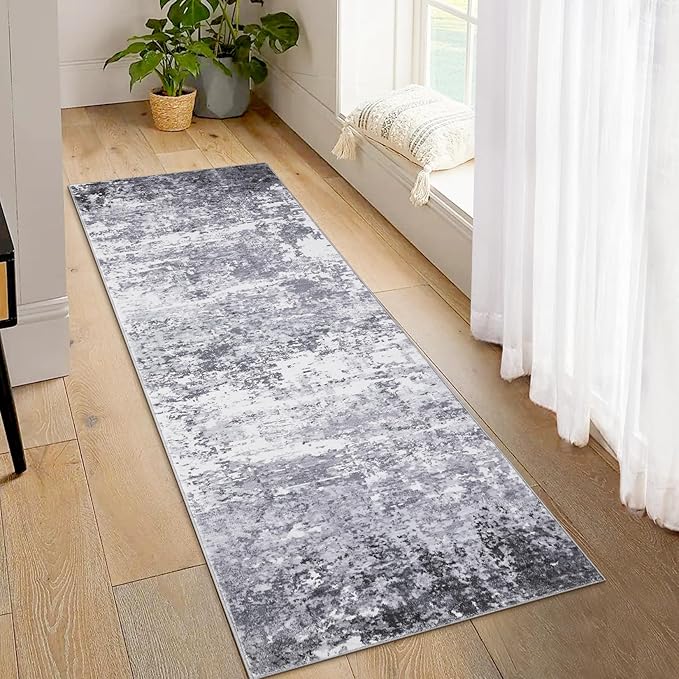 2x6 Modern Abstract Runner Rug Non Slip Soft Rug Stain Resistant Rugs Low Pile Non Shed Machine Washable for Hallway Kitchen Bathroom, Light Grey