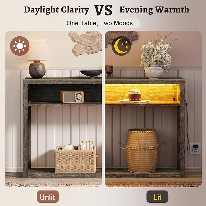 FAVOOSTY Farmhouse Console Table with Storage, 47" 2-Tier Entryway Sofa Table with Led Light Behind Couch Table Hallway Stand for Living Room, Hallway, Foyer - Gray