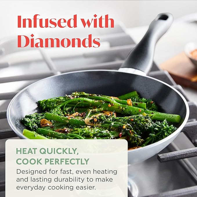 Deco 8” Nonstick Frying Pan Skillet, Made in Italy, Diamond Ceramic PFAS-Free, Dishwasher & Metal Utensil Safe, Durable Gloss Enamel Finish, Stay-Cool Handle, High Walls-Extra Room, Gray