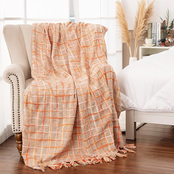 Gealaek Boho Throw Blanket Lightweight Fuzzy Soft Cozy Decorative Blankets for Sofa Bed Farmhouse Throw Blanket Mexcican Blanket with Tassel Khaki Orange Yellow Textured 50" x 60"