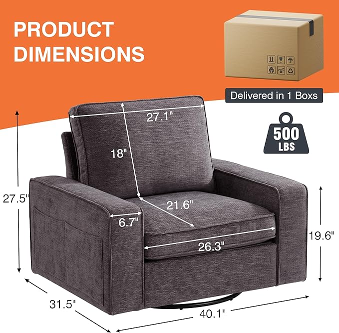 ABAKAN Chenille Sofa Swivel Chair for Living Room with Removable Backrest, Modern Accent Style Living Room Chair for Office/Library/Bedroom/Lounge,Dark Gray