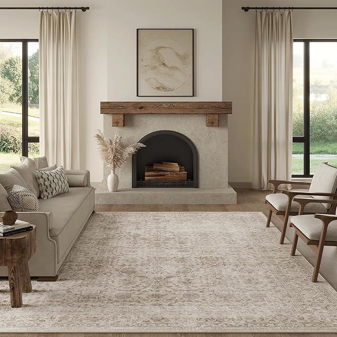 FMFUNCTEX 6x9 Washable Area Rug Beige Vintage Neutral Distressed Large Non Slip Carpet for Living Room Bedroom Soft Low Pile Indoor Mat Retro Floral Throw Rug for Dining Room Kitchen Office Nursery