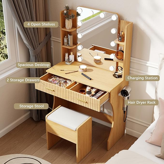 Small Vanity Desk with Mirror and Lights, Makeup Vanity Desk with 3 Color Modes Adjustable Bulb, 2 Large Drawers and 4 Open Storage Shelves, Natural Vanity with Charging Station for Bedroom