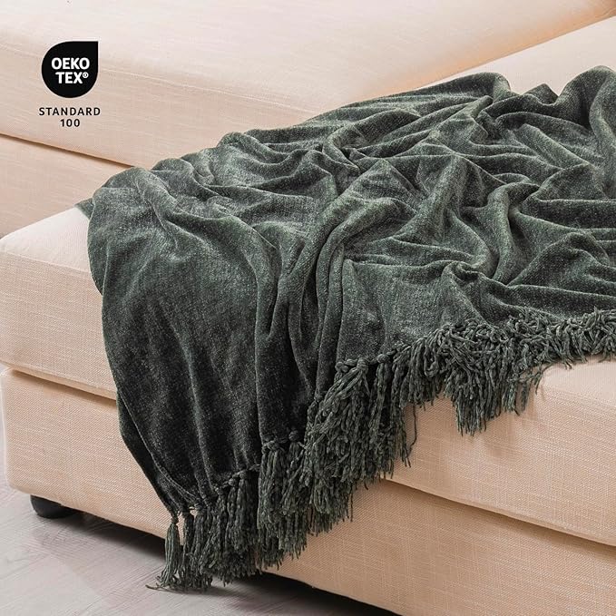 RECYCO Throw Blanket Soft Cozy Chenille Throw Blanket with Fringe Tassel for Couch Sofa Chair Bed Living Room Gift (Dark Green, 50" x 60")