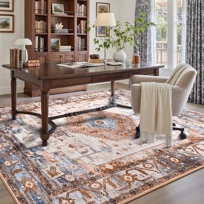 Large Washable 6x9 Area Rug, Orange Vintage Floral Rugs for Living Room, Non Slip Low Pile Carpet for Bedroom Dining Room, Thin Indoor Carpet for Office Classroom