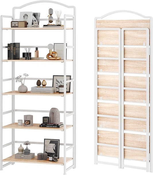 JSB No Assembly Folding Bookshelf, 5 Tier Book Shelf for Storage, Vintage Wood Foldable Bookcase for Living Room, Bedroom, Office Organization Shelves