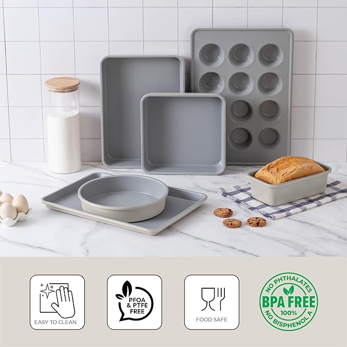 Country Kitchen Nonstick Stackable Bakeware Set - Durable, Easy Release Baking Set, Cream, 6 Pcs