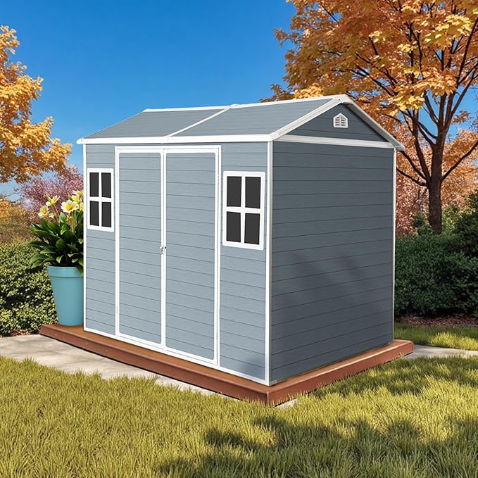 8' x 6' Resin Storage Shed Outdoor, PP Material & Strong Structure for All Weather, Plastic Garden Shed w/Window for Garden, Backyard, Poolside and Lawn, 15mm Thick PP Board - Blue
