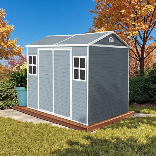 8' x 6' Resin Storage Shed Outdoor, PP Material & Strong Structure for All Weather, Plastic Garden Shed w/Window for Garden, Backyard, Poolside and Lawn, 15mm Thick PP Board - Blue