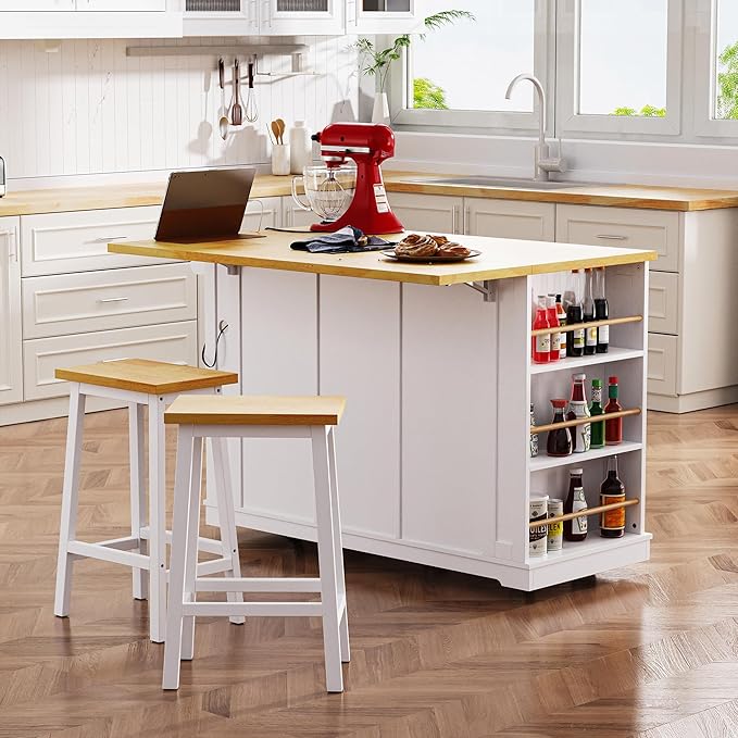 Large Kitchen Island Cart on 5 Wheels with Power Outlet, Drop Leaf, 3 Drawers, Kitchen Storage Cart with 5 Open Side Racks for Kitchen, Dining Room, Home Bar White