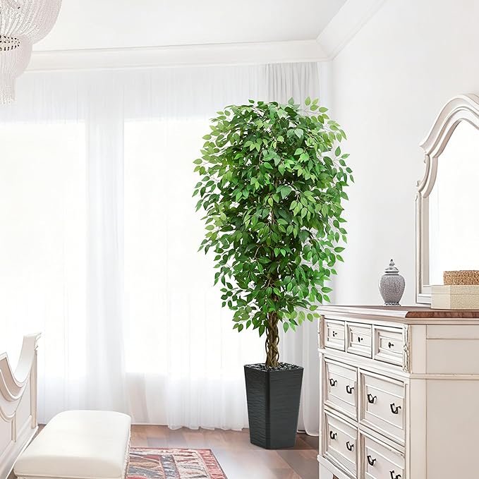 Artificial Ficus Tree 6FT Faux Floor Tree with Planter UV Resistant Potted Fake Silk Plant-Indoor Outdoor Lifelike Fake Ficus Tree for Home, Living Room Bedroom Topiary Tree