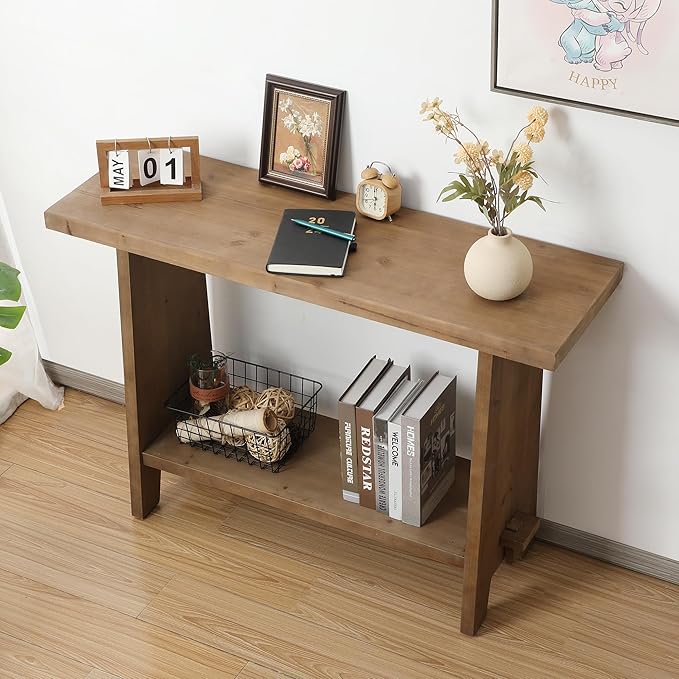 Solid Wood Console Table, 43.3" Farmhouse Entryway Table with Storage Shelf, Rustic Narrow Skinny Behind Couch Sofa Table for Living Room, Hallway, Entryway, Foyer, Brown