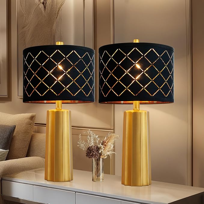 RORIANO Set of 2 Modern Table Lamps for Living Room Bedroom, Gold Nightstand Resin Lamps with Black Grid Shade, Contemporary Desk Lamps for Bedside End Tables, 2 Bulbs Included (Gold)