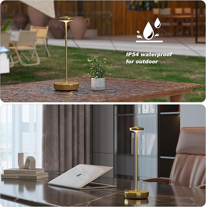 Cordless Table Lamp Rechargeable - LED Battery Table Light with 3 Color Temperatures, Stepless Dimming, Waterproof Aluminum for Indoor Outdoor, Patio, Restaurant, Dinner (Brushed Gold)