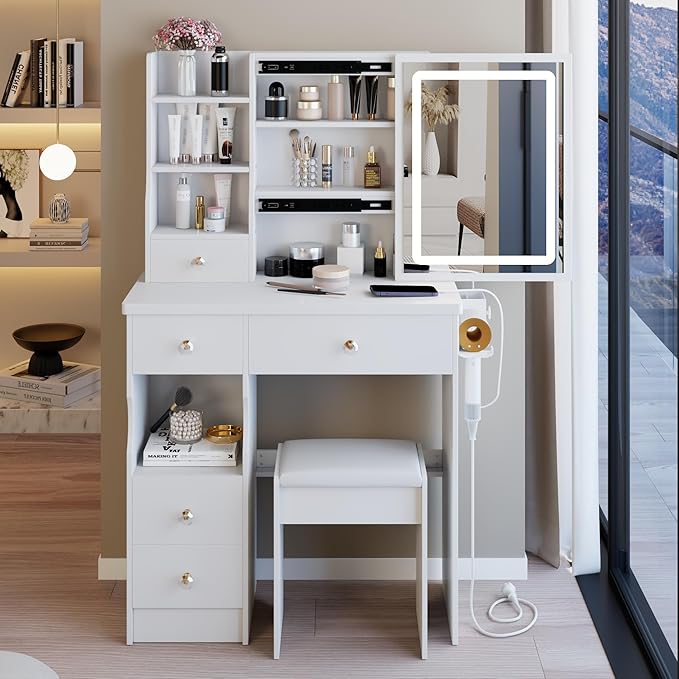 29.2" Small Vanity Desk with Mirror and Lights, Makeup Table with 2 AC+2 USB Power Station, Hair Dryer Bracket, Vanity Set with 5 Drawers and Stool for Small Space Bedroom, White