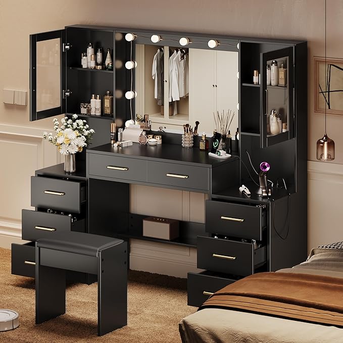 58.3" Black Vanity Desk with Mirror, Lights and Charging Station, 3 Lighting Modes Makeup Desk with 8 Drawers, 2 Cabinets and Lots Storage, Dressing Table Vanity Set for Girls