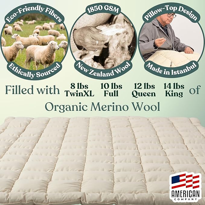 Organic Merino Wool Mattress Topper - Luxury Pillow Top Mattress Pad, Handmade, Non-Toxic, Cooling & Hypoallergenic, Natural Back Pain Relief, Sustainable Bedding (Full)