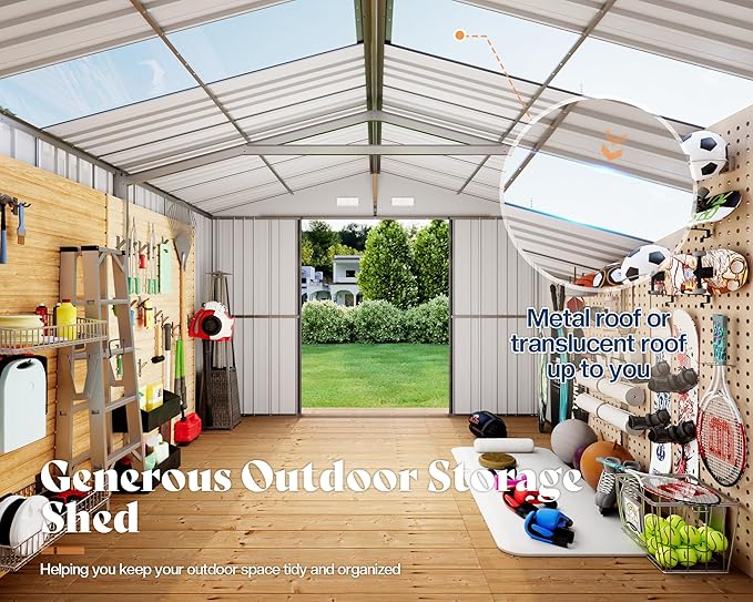 AMERLIFE 10x11.5x7.4 FT Galvanized Steel Storage Shed with 2 Transparent Panels, 2 4-Pane Windows & Hinged Double Doors, Outdoor Shed for Backyard, Patio, Garden, Dark Gray