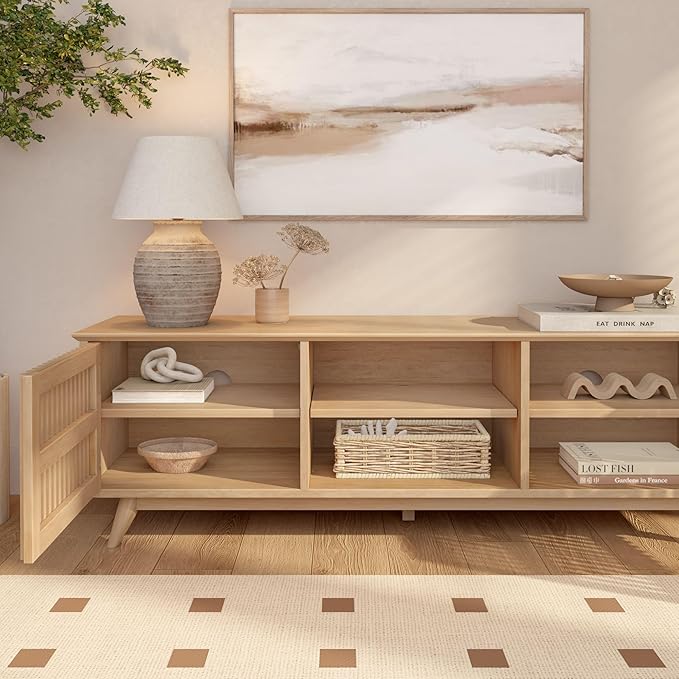 Plank+Beam Mid-Century Modern Wood TV Stand, Solid Wood Entertainment Console with Storage, 59" L x 16" W x 19" H, Blonde