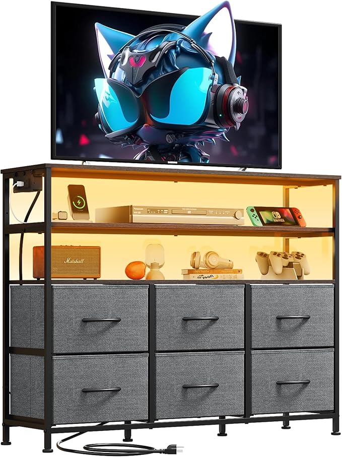 WLIVE Grey TV Stand for 40, 45 inch TV, Entertainment Center with LED Lights & Charging Station, TV Media Console Table with 6 Fabric Drawers and Open Shelves for Living Room, Hallway, Dark Grey