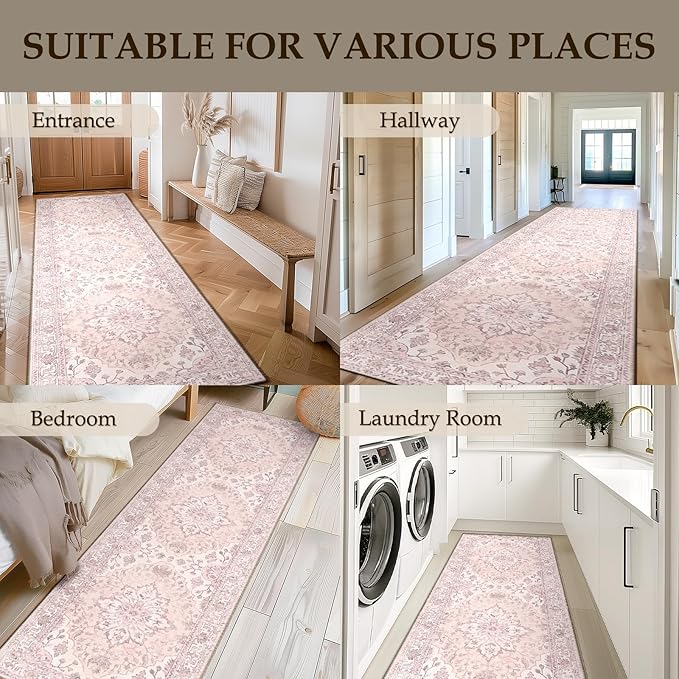 Area Rugs 2'x6' Washable Non-Slip, Floral Vintage Distress Print Pattern Medallion Carpet for Living Room Bedroom Dining Room, Pink Greypink Cute