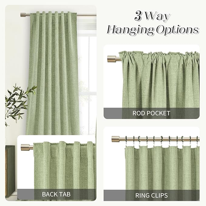 Bedroom 100% Blackout Long Curtains Panels, 1 Pair, 55 inches by 96 Inch, Sage Green, Triple Weave Energy Saving Thermal Insulated Solid Back Tab Blackout Draperies for Patio