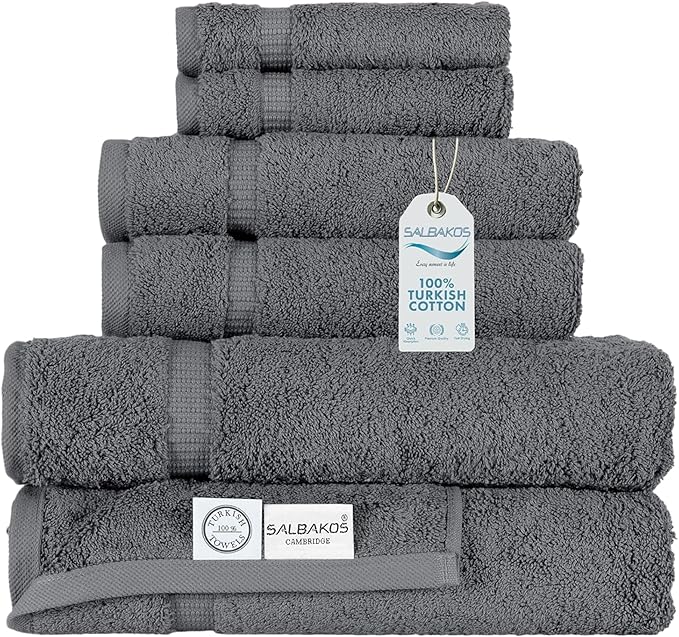 SALBAKOS 100% Turkish Cotton 6-Piece Towel Set | Heirloom Quality Hotel & Spa Collection | Ultra Soft, Super Absorbent 2 Washcloth, 2 Hand, 2 Bath Towel Sets | Made in Turkey (Gray, 6 Piece Towel Set)