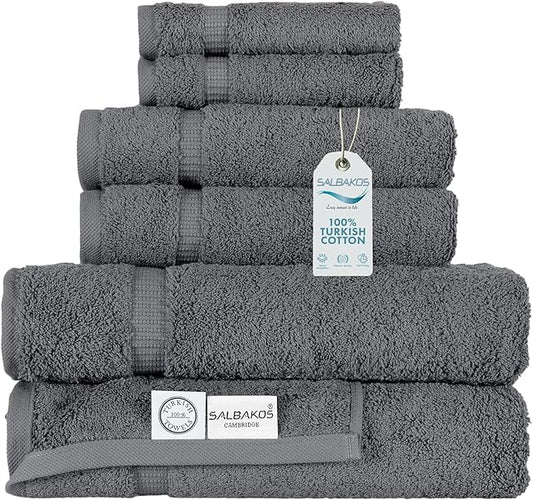 SALBAKOS 100% Turkish Cotton 6-Piece Towel Set | Heirloom Quality Hotel & Spa Collection | Ultra Soft, Super Absorbent 2 Washcloth, 2 Hand, 2 Bath Towel Sets | Made in Turkey (Gray, 6 Piece Towel Set)