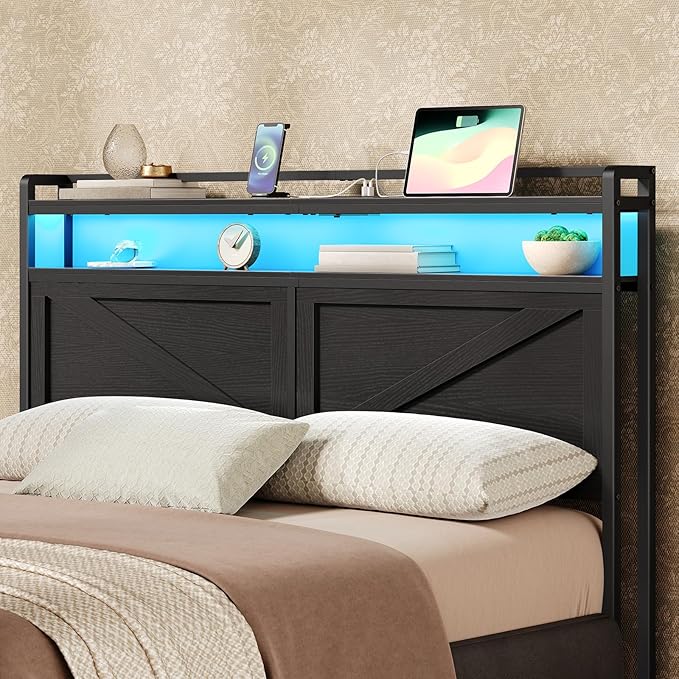 HOOBRO Headboard Queen Size, Headboard with Charging Station and LED Light Strip, 2-Tier Queen Storage Headboard with Outlets and USB Ports, Industrial Style, for Queen Size Beds, Black