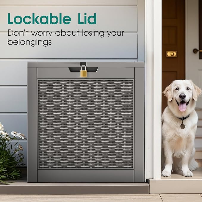 35 Gallon Outdoor Storage Box, Waterproof Resin Deck Box with Lockable Lid, Patio Furniture Side Table & Storage Bin for Package Delivery, Patio Cushions, Garden Tools, Pool Accessories, Grey