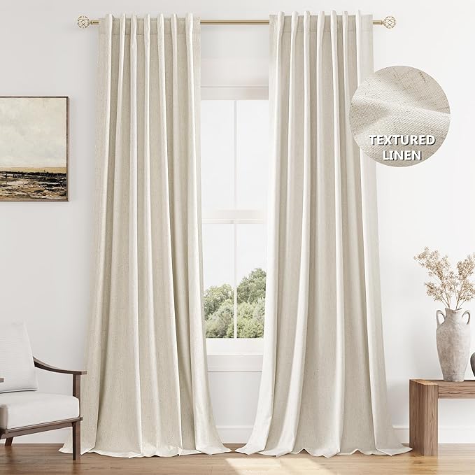 Guken Beige Cream Linen Blackout Curtains 90 Inch Length 2 Panels Set for Living Room Bedroom Back Tab Thermal Insulated 100% Black Out Linen Drapes Room Darkening Window Curtains 90 Inches Long