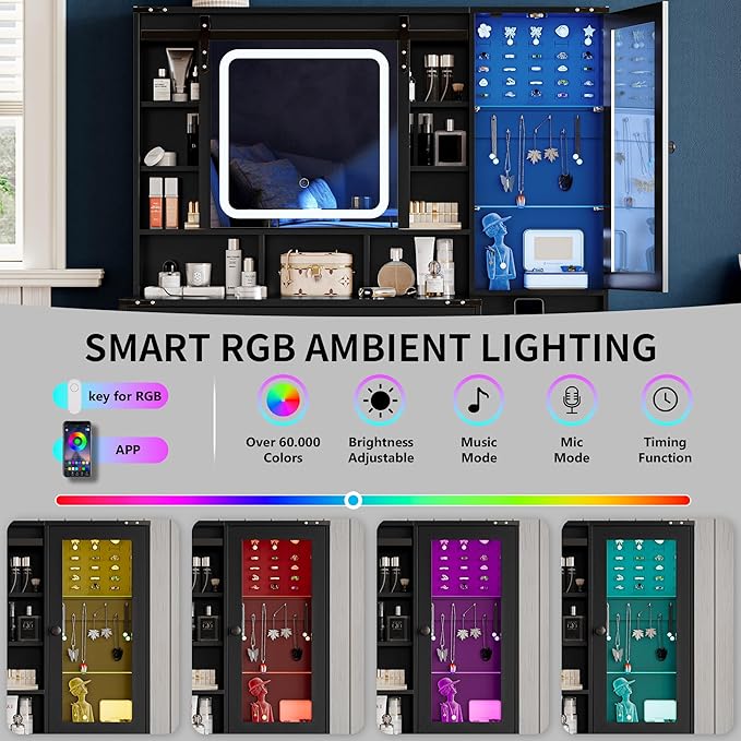 Makeup Vanity Desk with Sliding Mirror and Lights, Farmhouse Vanity Table Set with Power Outlet & RGB Cabinet, Dressing Table with Storage Drawers & Shelves for Kids Girls Women Bedroom, Black