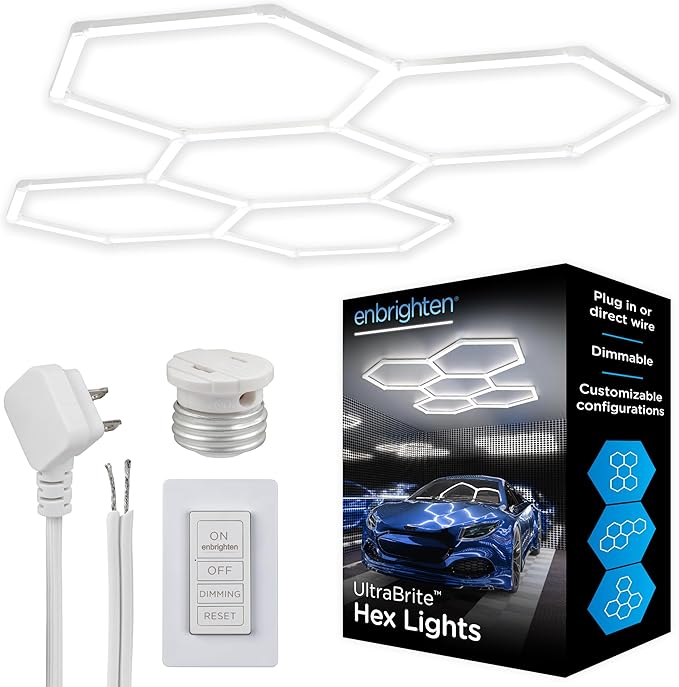 Enbrighten Ultrabrite Hexagon Garage Lights, 24 Pack, 5 Hex, 24,000lm, Dimmable with Remote, LED Ceiling Light for Car Detailing, Shop Lighting, Gym Decor, Man Cave, ETL Safety Certified, 85837