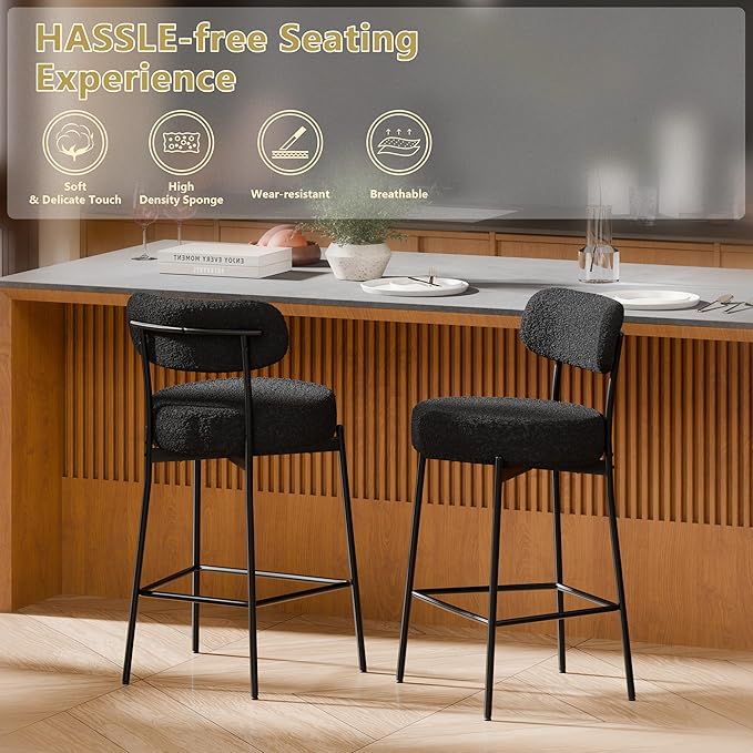 DYHOME Black Bar Stools Set of 3, 24 Inch Modern Counter Height Bar Stools with Curved Back Metal Legs, Upholstered Boucle Barstools for Kitchen Island, Cafe