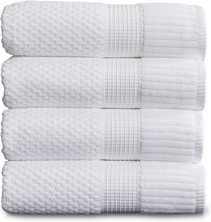 NY Loft 100% Cotton 4 Pack Bath Towels, 30" x 52", Soft & Absorbent, Quick Dry, Textured - Trinity Collection, Bright White