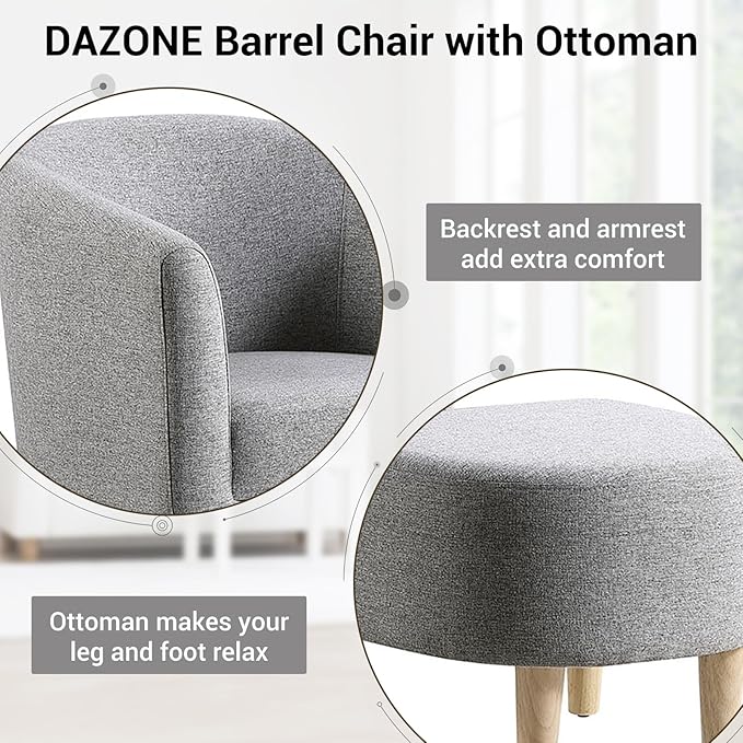DAZONE Accent Chair with Ottoman, Mid Century Modern Barrel Comfy Fabric Armchair and Footrest Set, Upholstered Club Tub Round Arms Chair for Living Room Bedroom Reading Room, Grey