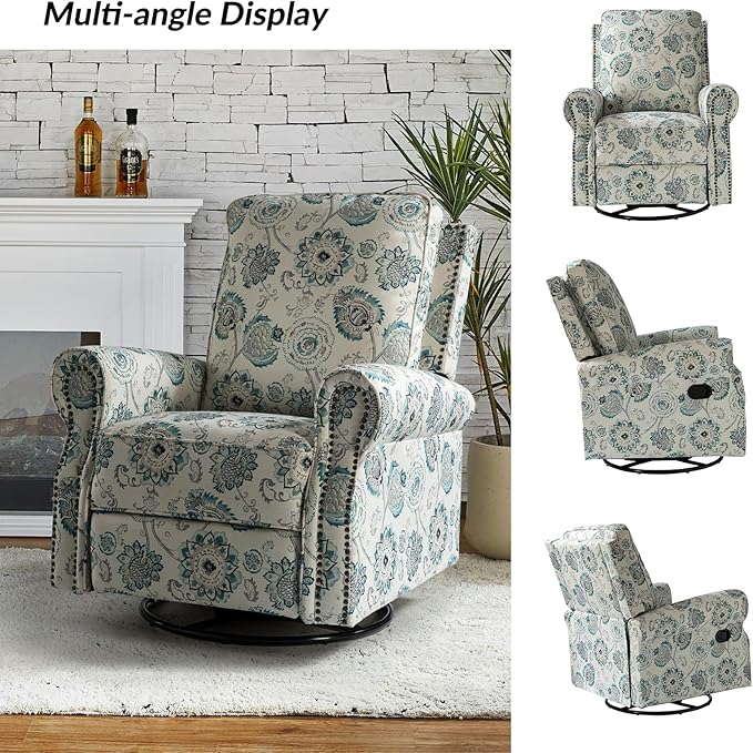 HULALA HOME Rocker Recliner Set of 2, Modern Printed Fabric Swivel Glider w/Adjustable Backrest & Footrest, Upholstered Manual Recliner Chair Home Theater Singe Sofa for Living Room Bedroom, MEDALLION