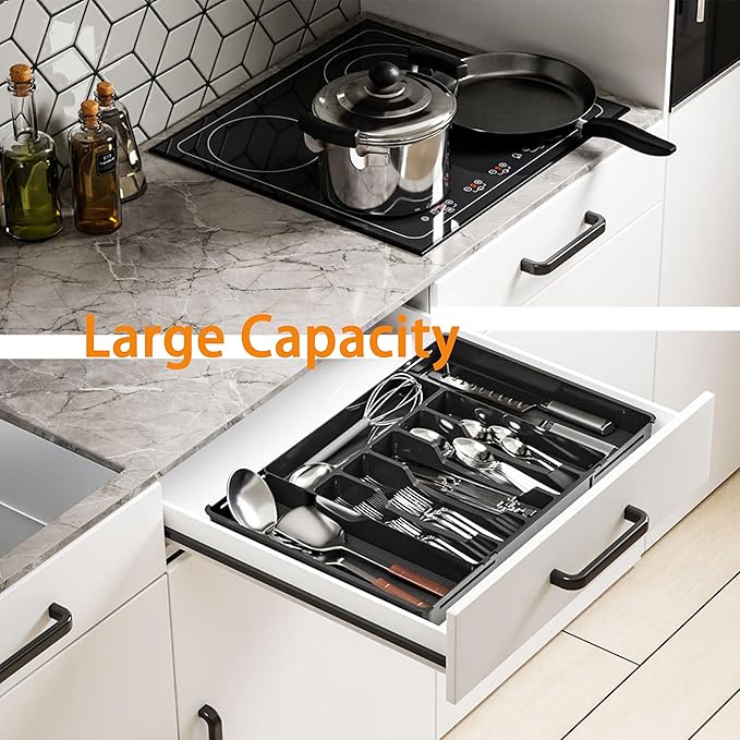 Silverware Drawer Organizer, Expandable Utensil Tray for Kitchen Drawers, BPA Free Flatware and Cutlery Holder, Adjustable Plastic Storage for Utensil like Spoons, Forks, Knives.Black