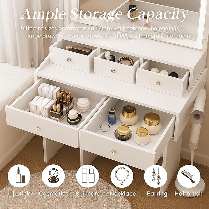 White Vanity Desk with Large Full Size Led Lighted Mirror, 31" Makeup Vanity Table with 5 Storage Drawers, Power Outlet & Hair Dryer Holder, Modern Small Dressing Table for Small Space,Dorm, Bedroom