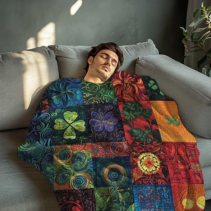St Patricks Day Throw Blanket, Patchwork Style, Printed Shamrock Clover Blanket Gift for Women and Men, Lightweight Soft Fleece for Couch, Bed, Sofa, and Home Decor, 50x60 Inches