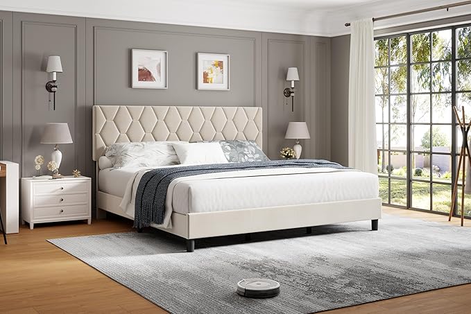 GAOMON Beige Full Bed Frame with Upholstered Headboard, Heavy-Duty Platform Bed Frame with Strong Wood Slats, No Box Spring Needed/Noise Free/Easy Assembly