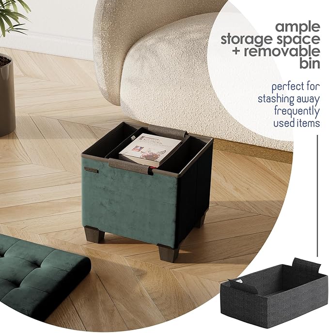 STORAGEBUD Storage Ottoman Cube with Small Bin, 15-in Square Ottoman with Storage for Living Room and Bedroom, Small Ottomans Foot Rest, Velvet Foot Stools Ottomans Max 330lbs, Green