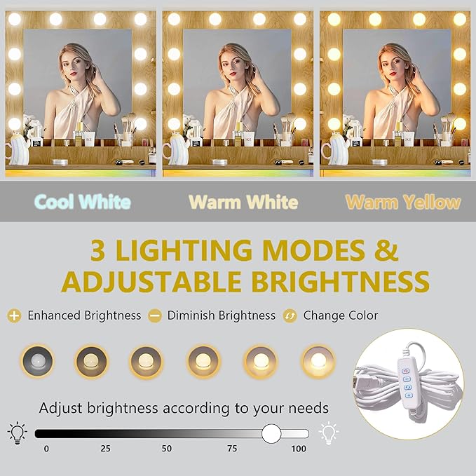 Vanity Desk with Mirror and Lights, 43'' Oak Makeup Dressing Table Set with 5 Drawers & Chair, Power Outlet, 3 Lighting Modes Adjustable Brightness & RGB LED for Women Girls Bedroom Bathroom