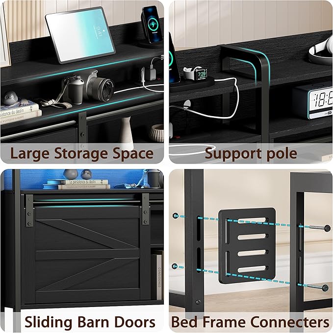 wanan King Size Headboard with Storage, 3 Tier, Outlets, USB Ports, LED Light, Sliding Barn Doors, Width Adjustable, Rustic Black